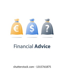 Financial security, finance diversification, currency exchange, fund management, capital investment, asset allocation, up and down arrow, vector icon