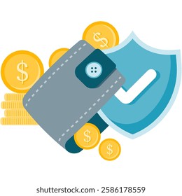 financial security guarantee, wallet with stack of coins and shield