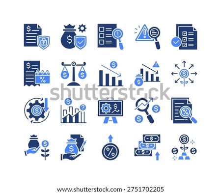 Financial Security Icon Collection, featuring Financial Security, Tax Audit, Operational Loss, Loan Interest, Risk Control, Yield Return, Investment Analysis.