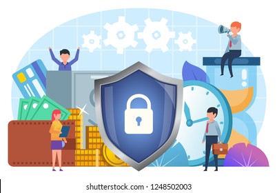 Financial Security, Money, Business Insurance. Small People Stand Near Big Shield, Cash, Coins, Time. Poster For Social Media, Web Page, Banner, Presentation. Flat Design Vector Illustration