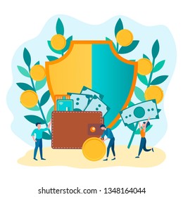 Financial security, money insurance. People put bills and coins in a purse on the background of the shield as a symbol of cash insurance and sprouts with coins as a symbol of income growth. 