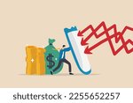 Financial security, money loss or wealth protection, defense from cyber attack or economic recession concept, strong businessman holding shield to protect from red arrow attacking financial security.