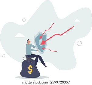 Financial security, money loss or wealth protection, defense from cyber attack or economic recession concept.flat character life .
