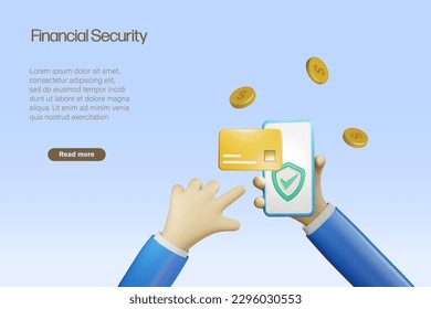 Financial security on digital banking and virtual bank. Businessman online paid financial credit card transaction on smartphone with secure shield. 3D vector.