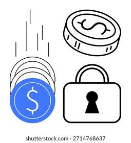 Seguridad financiera, pagos en línea, cifrado de datos, billeteras digitales, transacciones seguras, seguridad cibernética. Monedas y un candado con seguridad . Concepto de seguridad financiera y pagos en línea