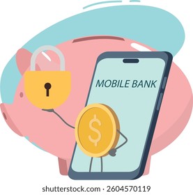 Financial security, secure access to mobile banking. Piggy bank, online bank, vector illustration