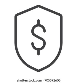 Financial security shield with dollar line icon, outline vector sign, linear style pictogram isolated on white. Symbol, logo illustration. Editable stroke. Pixel perfect graphics