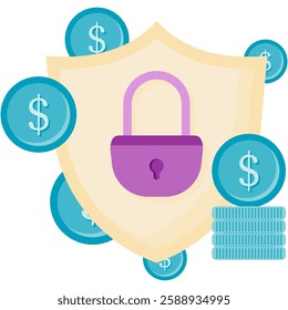 financial security, shield with padlock and coins