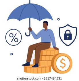 Financial Security Vector Illustration. Man protects Money with Umbrella.