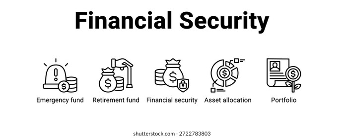 Financial Security web banner ícone vetor ilustração conceito para com ícone de fundo de emergência, fundo de aposentadoria, segurança financeira.