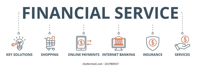 Financial service banner web icon vector illustration concept with icon of key solutions, shopping, online payments, internet banking, insurance and services