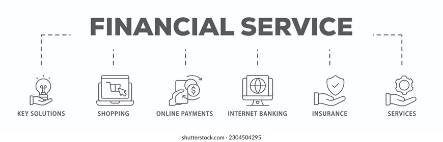 Financial service banner web icon vector illustration concept with icon of key solutions, shopping, online payments, internet banking, insurance and services
