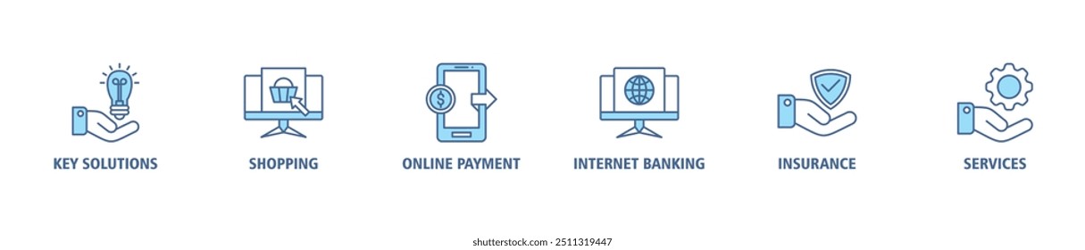 Financial service banner web icon set vector illustration concept with icon of key solutions, shopping, online payments, internet banking, insurance and services icons symbol background easy to edit