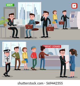 Financial service horizontal banners with staff security officer and customers in bank interior vector illustration
