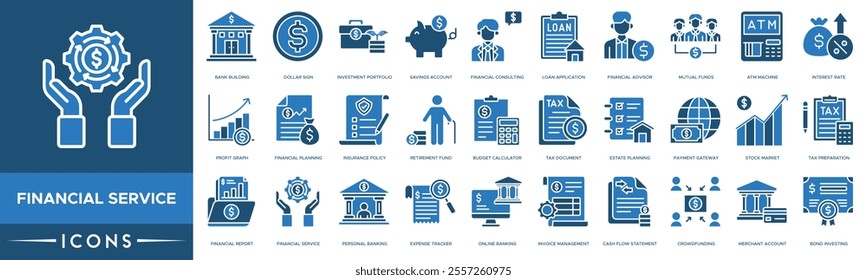 Financial Service icon. Bank Building, Dollar Sign, Investment Portfolio, Savings Account and Financial Consulting