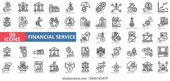 Financial service icon collection set. Containing bank, advisor, money, wealth management, insurance, foreign exchange, mutual funds icon. Simple line vector.