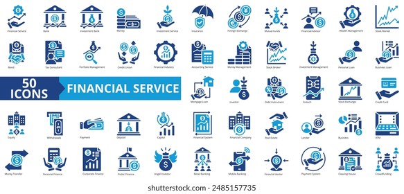 Financial service icon collection set. Containing bank, advisor, money, wealth management, insurance, foreign exchange, mutual funds icon. Simple flat vector.