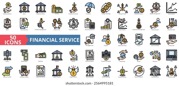 Financial service icon collection set. Containing bank, advisor, money, wealth management, insurance, foreign exchange, mutual funds icon. Simple flat outline vector illustration