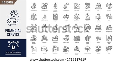 Financial service icon set. Containing bank, advisor, money, insurance, foreign exchange, mutual funds and more. Vector illustration
