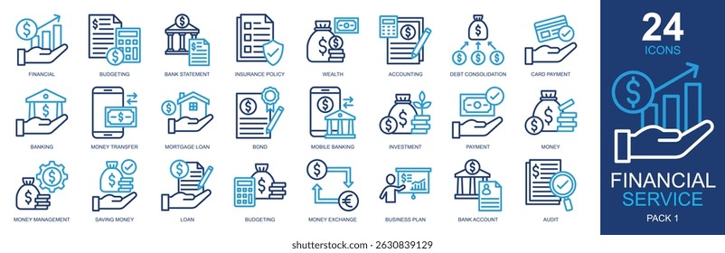 Financial Service Icons set vector illustration. Containing financial, budgeting, wealth, accounting, banking and more. Simple outline color icons collection.