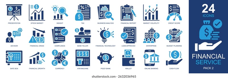 Financial Service Icons set vector illustration. Containing stock market, advisor, financial growth, business analysis, cash flow and more. Simple solid icons collection.