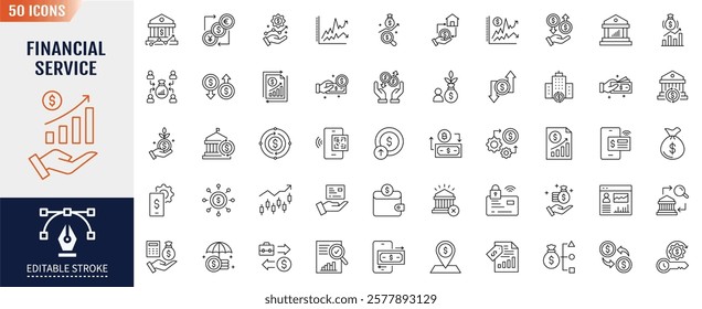 Financial service line icon set. Editable stroke. Containing bank, money, wealth management, insurance, foreign exchange, mutual funds icon. Vector illustration