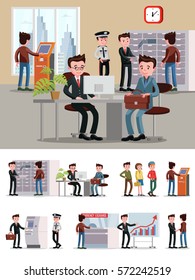 Financial service people composition with workers and customers in different situations in bank office vector illustration 