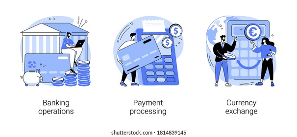 Financial services abstract concept vector illustration set. Banking operations, payment processing, currency exchange, check account, manage deposit, forex broker, cash money abstract metaphor.