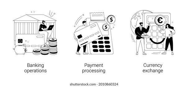 Financial services abstract concept vector illustration set. Banking operations, payment processing, currency exchange, check account, manage deposit, forex broker, cash money abstract metaphor.