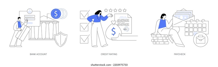 Financial Services Abstract Concept Vector Illustration Set. Bank Account, Credit Rating, Paycheck Cash, Card Details, Electronic Savings Deposit, Salary Statement, Company Score Abstract Metaphor.