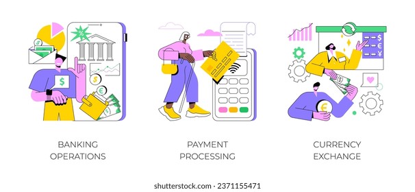 Conjunto de ilustraciones vectoriales de concepto abstracto de servicios financieros. Operaciones bancarias, procesamiento de pagos, cambio de divisas, cuenta de cheques, gestión de depósitos, corredor de divisas, metáfora abstracta de dinero en efectivo.