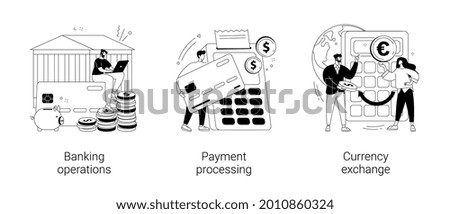 Financial services abstract concept vector illustration set. Banking operations, payment processing, currency exchange, check account, manage deposit, forex broker, cash money abstract metaphor.