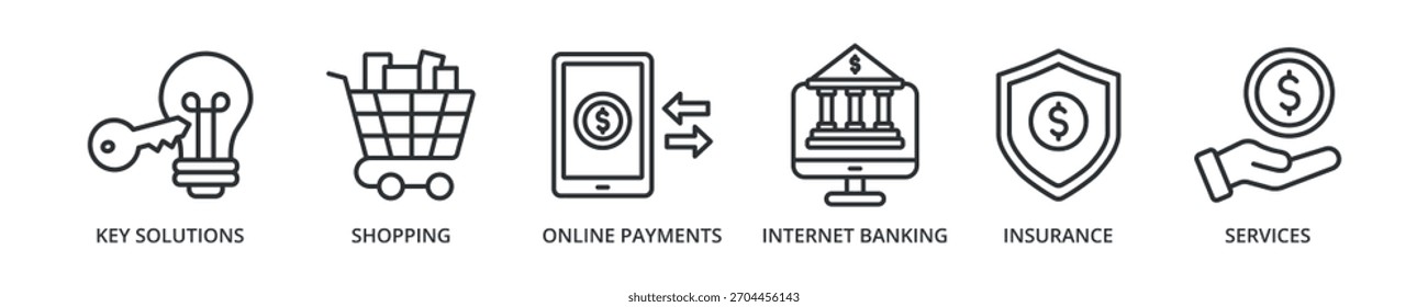 Financial services banner icon with key solutions, shopping, online payments, internet banking, insurance, services