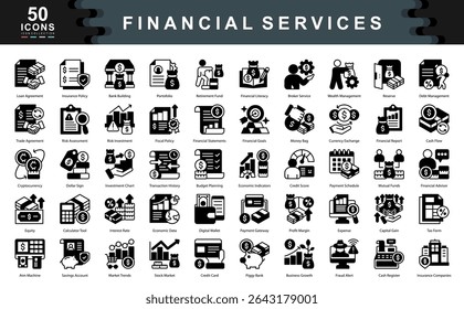 O conjunto de ícones negros de serviços financeiros define os principais impulsionadores do sucesso financeiro, como investimento, avaliação de riscos e crescimento de capital, ideal para aplicativos de tecnologia financeira, plataformas de consultoria e planejamento econômico.