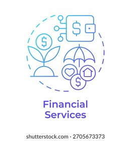 Icono de concepto de gradiente azul de servicios financieros. Tipos de seguros. Árbol que crece dinero. Tecnología moderna. Ilustración de línea de forma redonda. Abstractas idea. Diseño gráfico. Fácil de usar en infografía