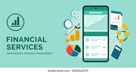 Financial services and business app on smartphone, banner with copy space