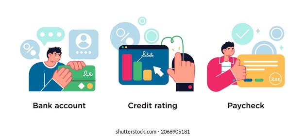 Financial services cartoon icons set. Debit card payment. Bank account, credit rating, paycheck metaphors.