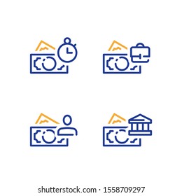 Financial services, cash loan payment, annual payment, vector line icon set