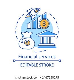 Financial services concept icon. Finance industry. Administration of funds. Savings and investments. Money management idea thin line illustration. Vector isolated outline drawing. Editable stroke