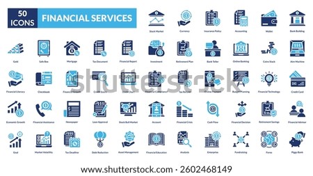 financial services fill icon set collection. bank building, atm machine, credit card, financial advisor, piggy bank, stock market, currency, insurance policy, accounting, wallet