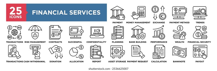 Financial Services-Symbolsammlung. Enthaltend Design-Geschäft, Finanz-, Finanz-, Investitions-, Service-, Analyse