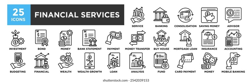Conjunto de colecciones de iconos de servicios financieros. Diseño que contiene negocios, finanzas, finanzas, tecnología, dinero, servicio, inversión