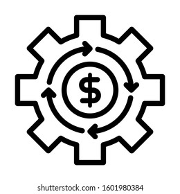 Financial Services Icon. Dollar Coin With Arrows Around Placed In The Middel Of Gear. Simple Design. Line Vector. Isolate On White Background.