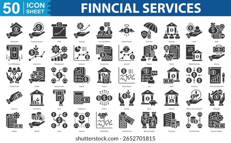 Financial Services Icon Set Collection Concept With Icon Of Real Estate, Payment System, Stock, Financial, Financial Advisor, Angel Investor, Insurance, Banking, Loan, Debt, Cash Withdrawal, Invesment