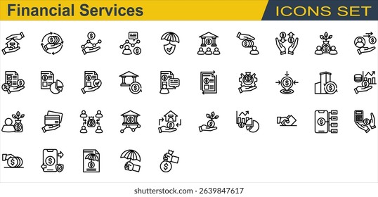 Financial Services Icon Set. Containing Bank,Budgeting,Business Report,Card Payment,Credit Union,Crowdfunding,Debt,Deposit,Financial Advisor,Financial Statement,Fintech. Outline Style