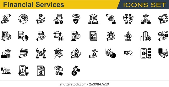 Financial Services Icon Set. Containing Bank,Budgeting,Business Report,Card Payment,Credit Union,Crowdfunding,Debt,Deposit,Financial Advisor,Financial Statement,Fintech. Mixed Style