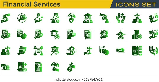 Financial Services Icon Set. Containing Bank,Budgeting,Business Report,Card Payment,Credit Union,Crowdfunding,Debt,Deposit,Financial Advisor,Financial Statement,Fintech. Solid Gradient Style