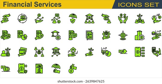 Financial Services Icon Set. Containing Bank,Budgeting,Business Report,Card Payment,Credit Union,Crowdfunding,Debt,Deposit,Financial Advisor,Financial Statement,Fintech. Solid Color Lineal Style