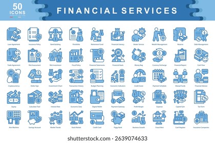 The Financial Services icon set defines key drivers of financial success such as investment, risk assessment, and capital growth, ideal for fintech apps, advisory platforms, and economic planning.