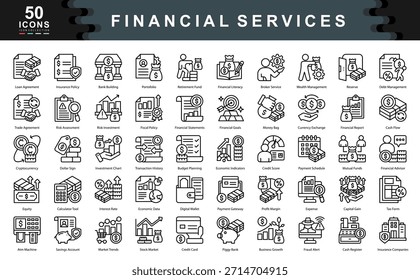 O conjunto de ícones dos Serviços Financeiros define os principais impulsionadores do sucesso financeiro, como investimento, avaliação de riscos e crescimento de capital, ideais para aplicativos de tecnologia financeira, plataformas de consultoria e planejamento econômico.